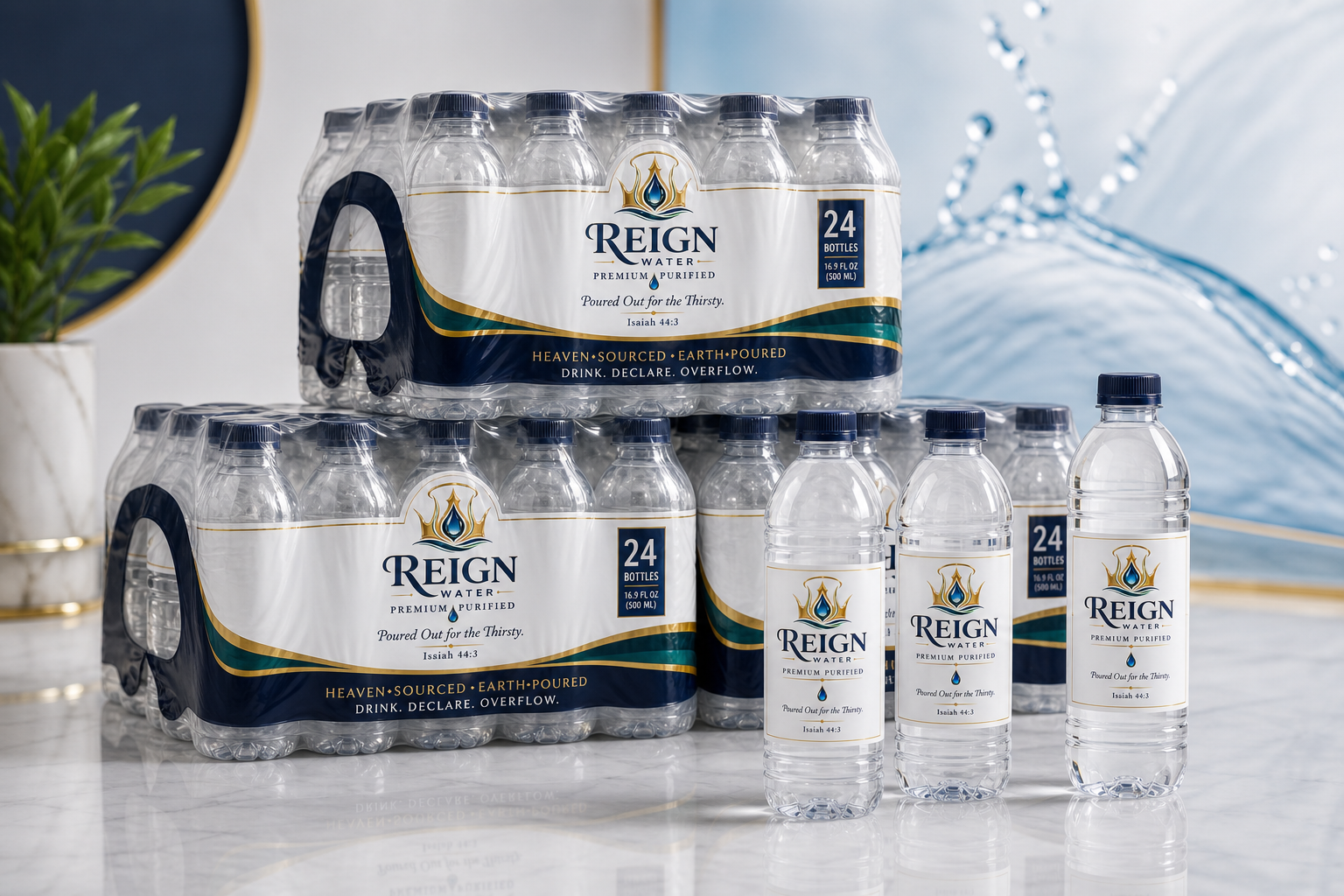 REIGN WATER plastic-wrapped case orders with bottles